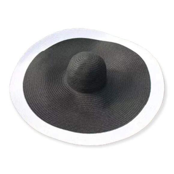 Black Adjustable White Trim Floppy Wide Brim Summer Straw Sun Hat NEW